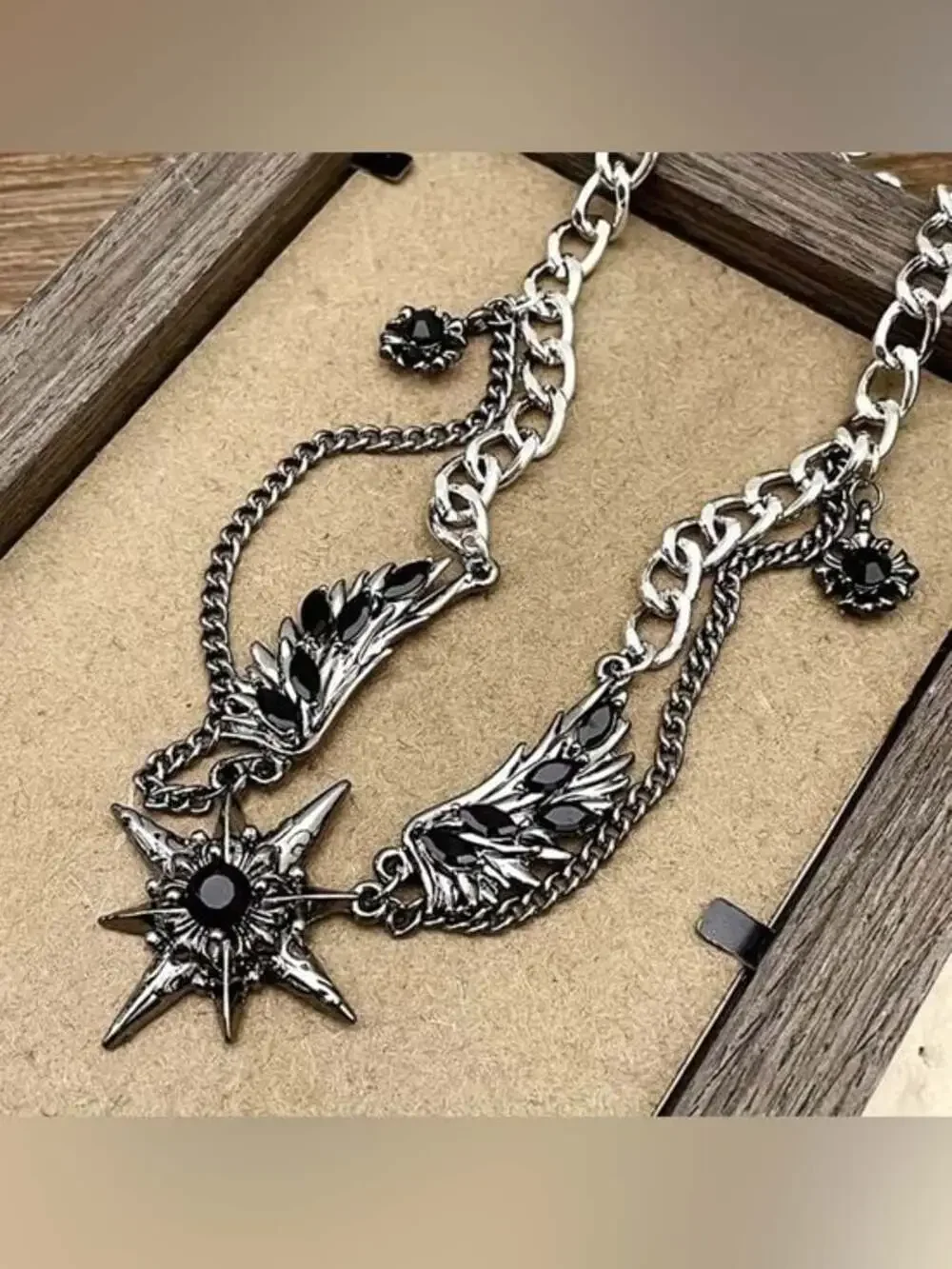 Unisex Black Stainless Steel Star & Wing Chain Necklace